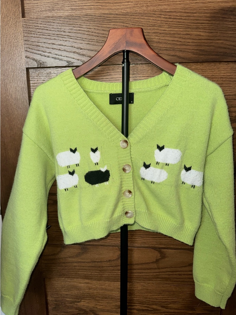 Cider Lime Green Cropped Sheep V-Neck Cardigan